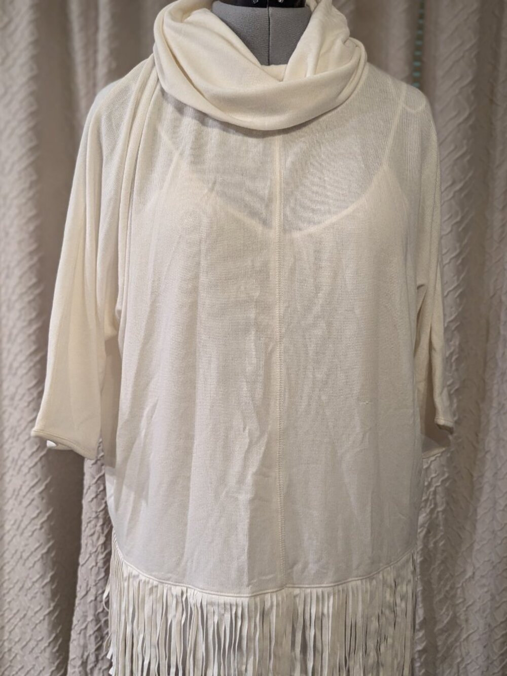 TERRE BLEUE Ivory cowl neck pullover cardigan with tassels. Western style